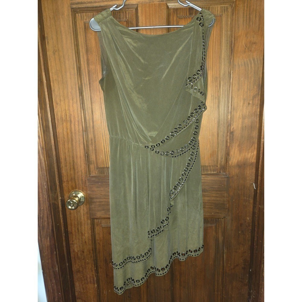 Haute Hippie Olive Green 100% Silk Grommet Studded Asymmetric Ruffle Dress Small