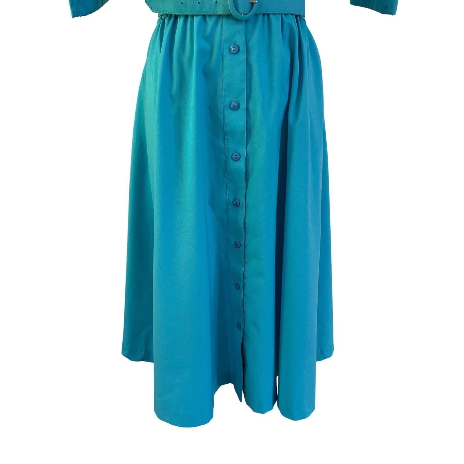 Vintage Teal Shirt Dress Belted Western Midi USA 80s Button Front Size 6
