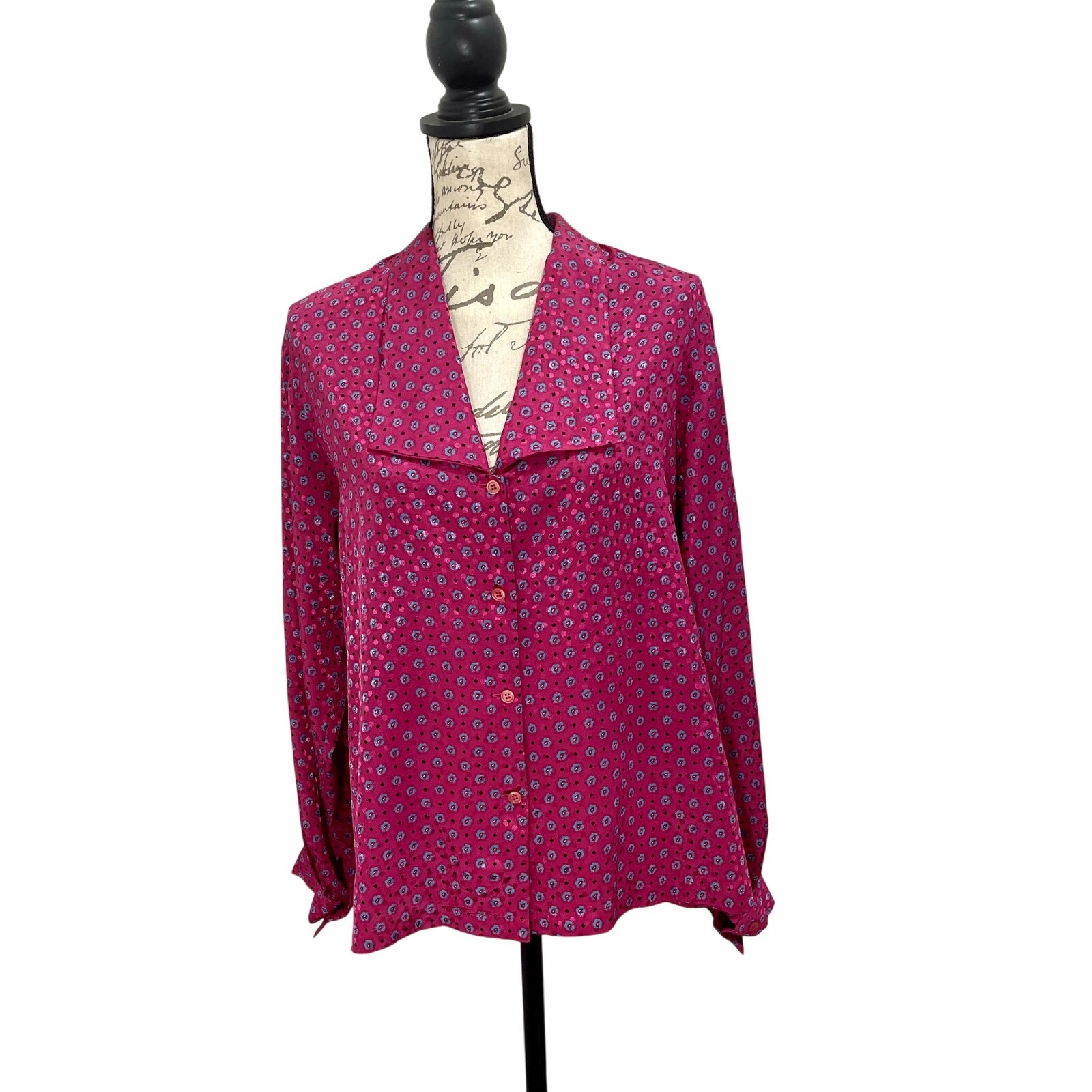 Vintage 80s Halston III Pink Floral Lapel Collar Blouse Women’s Long Sleeve; Lrg