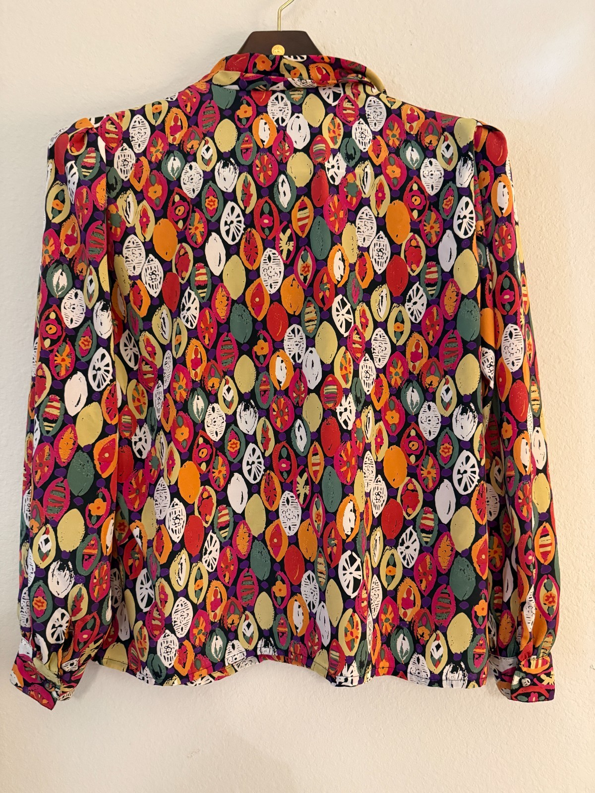 Vintage Marlis Bright Fruit Novelty Print Deep V Neck Blouse XL