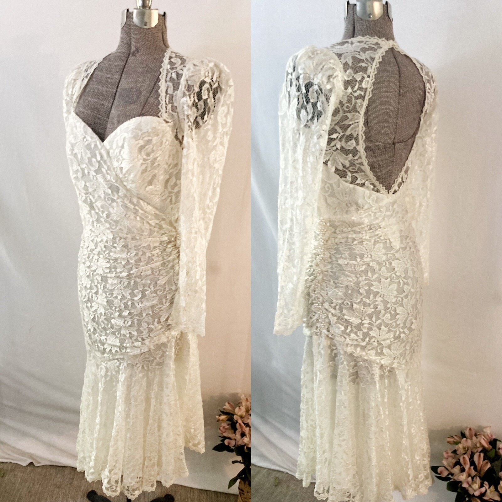 Gorgeous Pure Vintage Bridal Gown XXS Detail Lace Pearl Wedding Dress Open Back