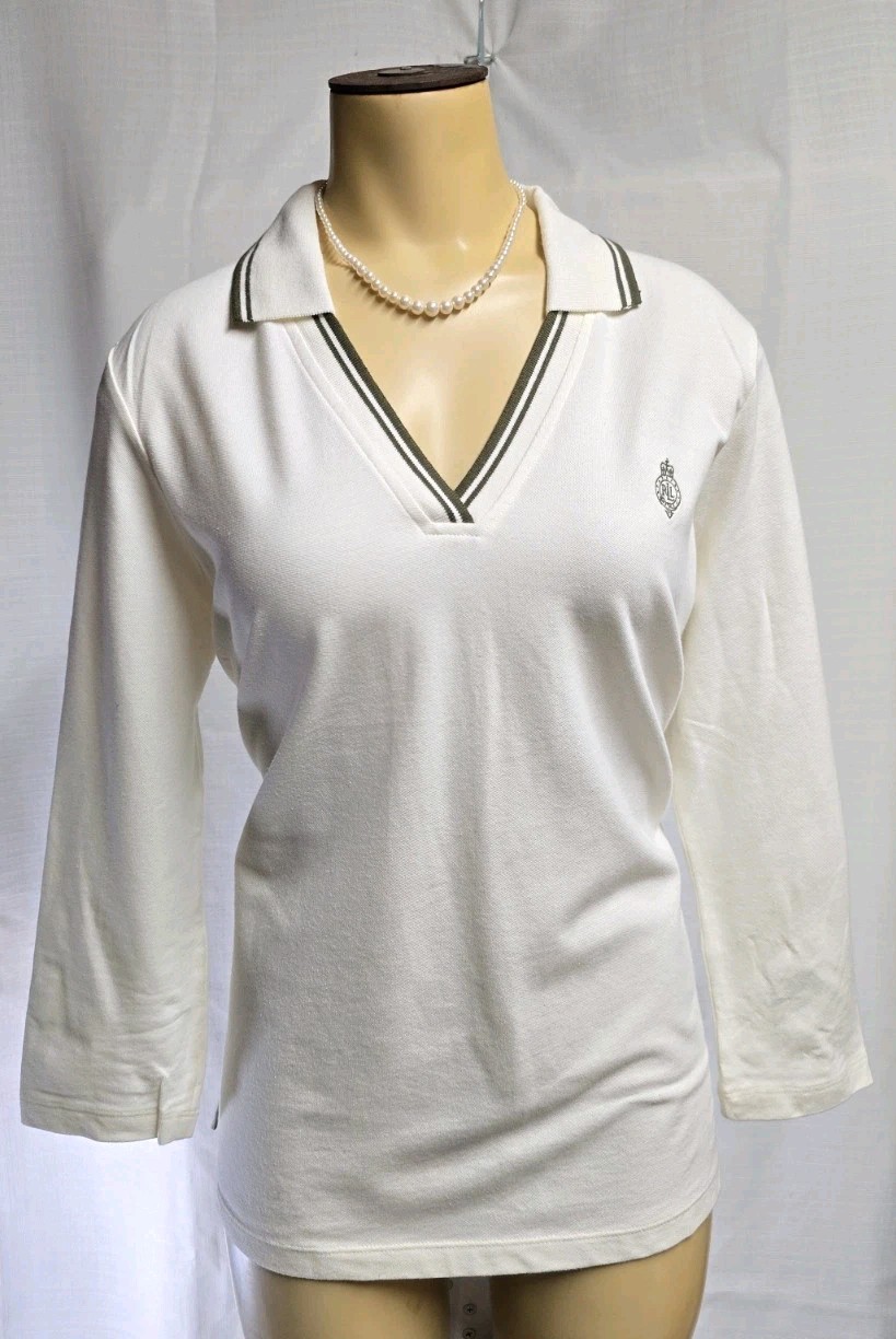 Vtg Woman’s Ralph Lauren V-Neck Polo Shirt Top Beige Green Crested Sz L