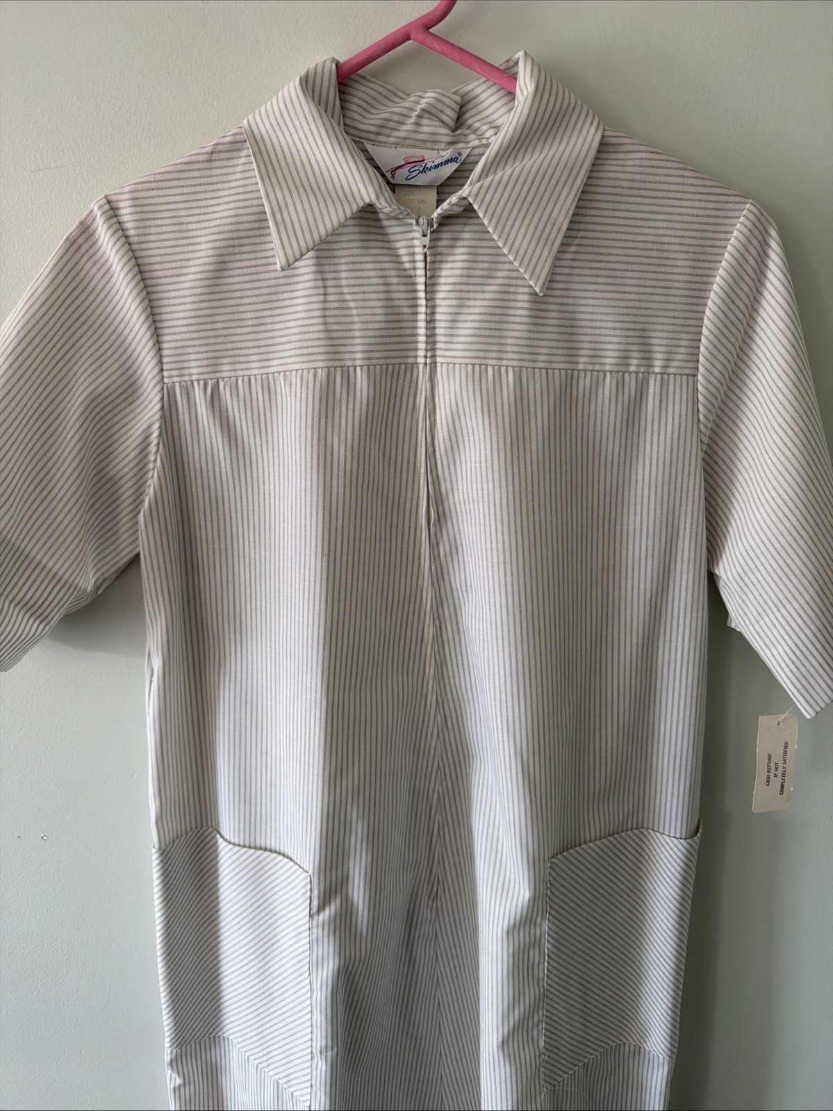 Vintage MCM Skimma Beige & White Striped House Dress 3/4 Zip Belt Medium