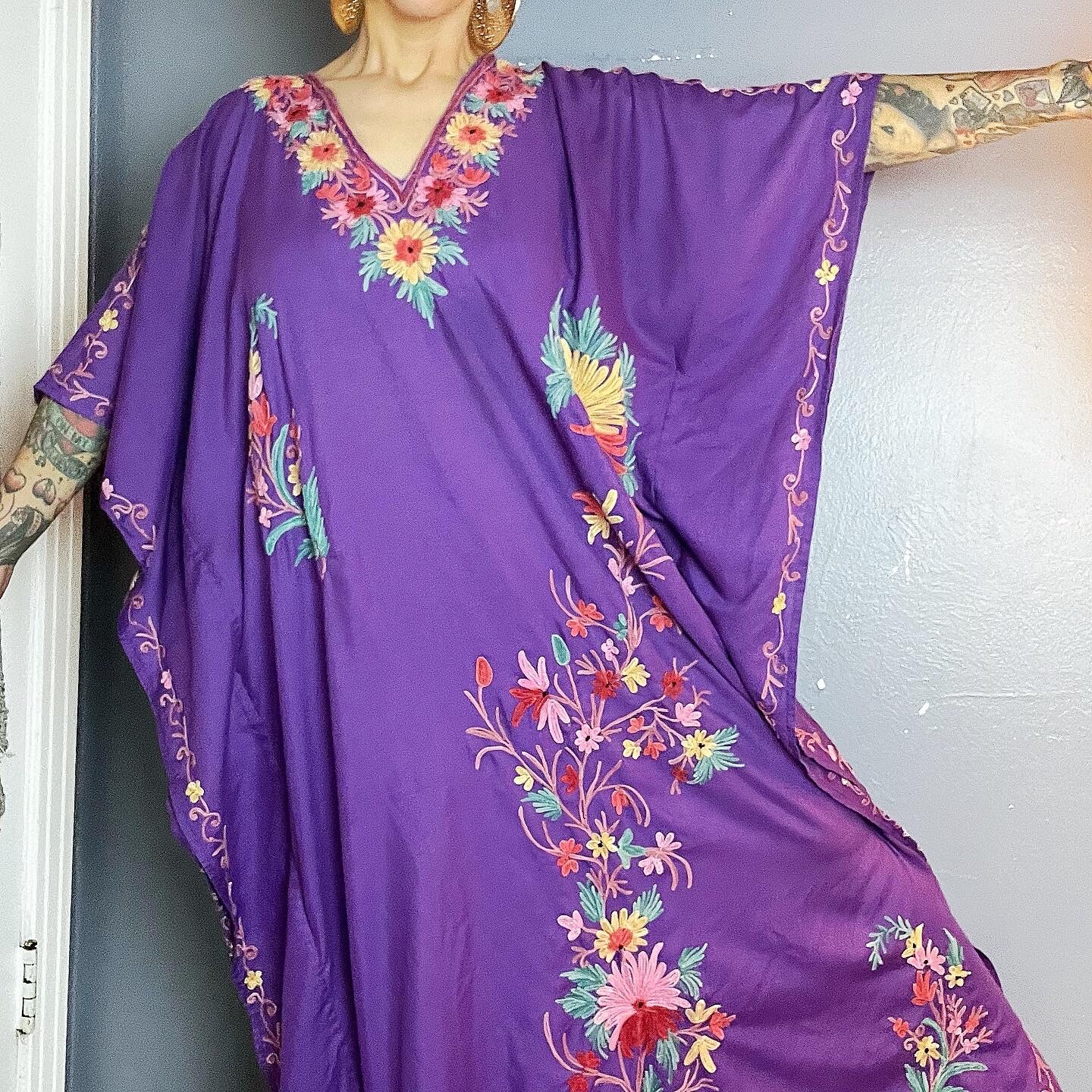 ROYAL PURPLE 70’s 70s Corded Embroidery Embroidered Vintage Caftan Kaftan Dress