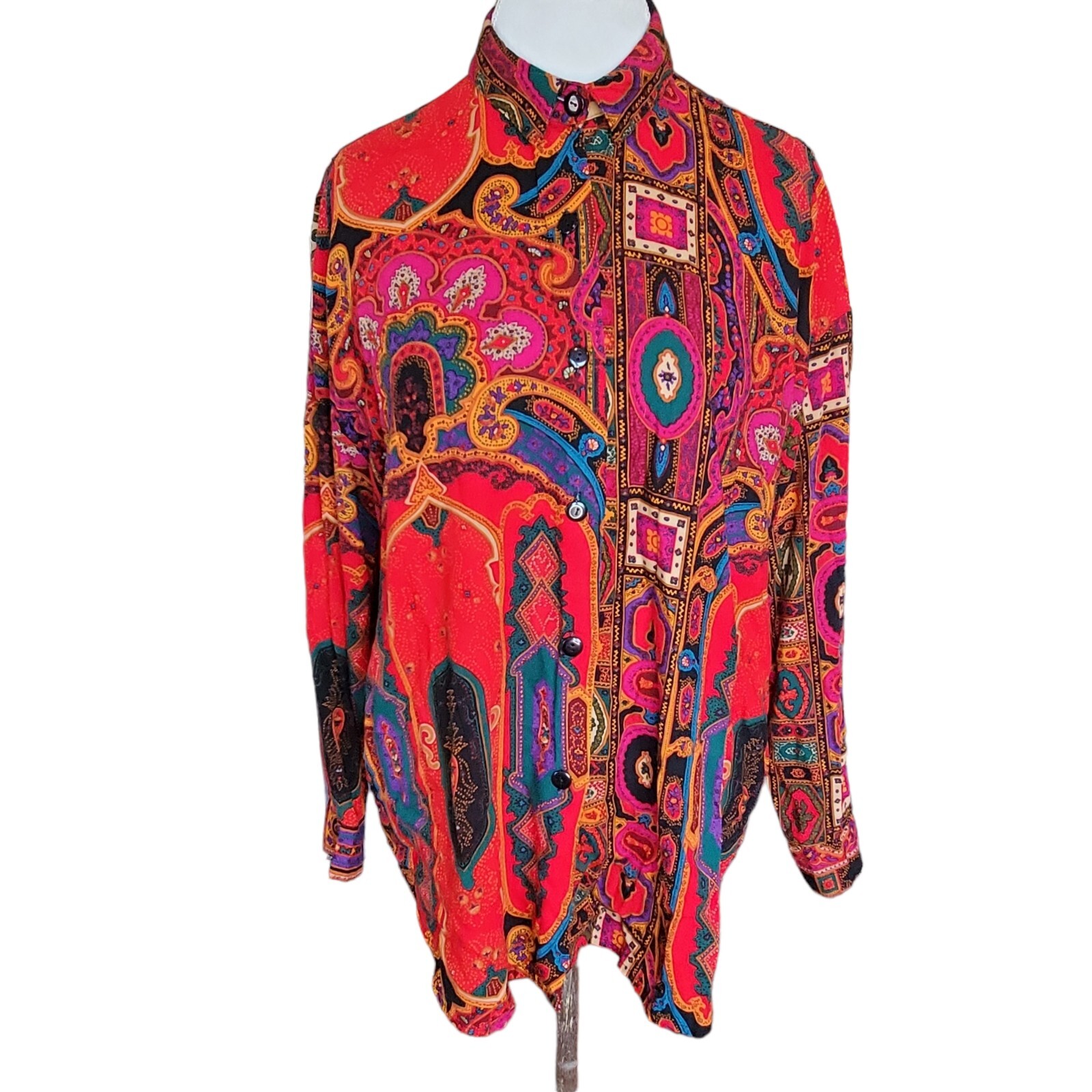 Vtg 80s 90s Colorful Abstract Paisley Blouse M/L Rayon Boho Button Up Red