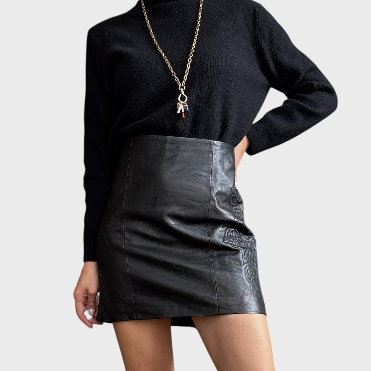 Vintage Black Leather Mini Skirt 90s Embroidered High Waist size US10/ EU 42