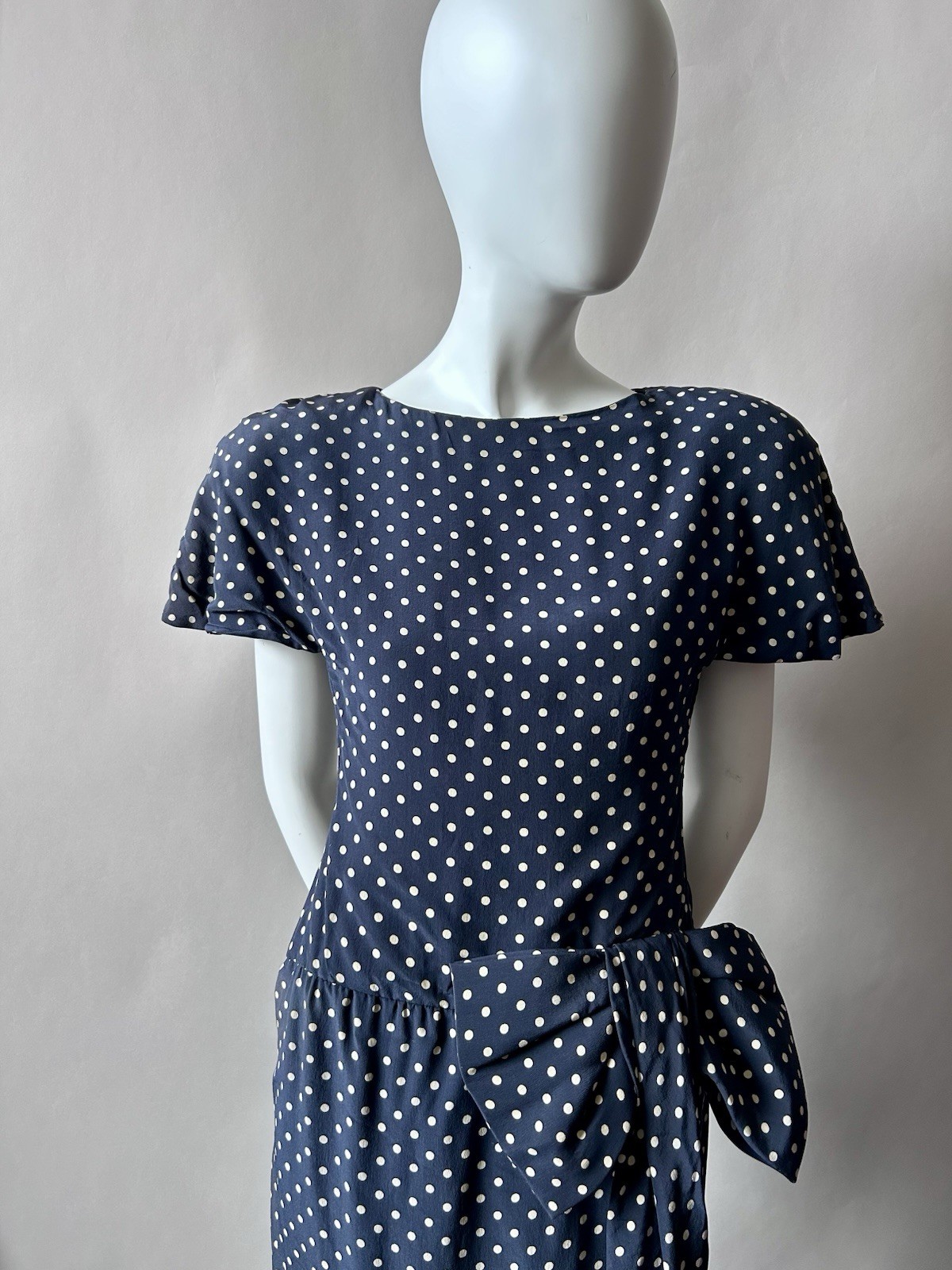 Vintage Arnold Scaasi Dress Pin Up Navy Blue White Polka Dot 80s Cocktail sz S