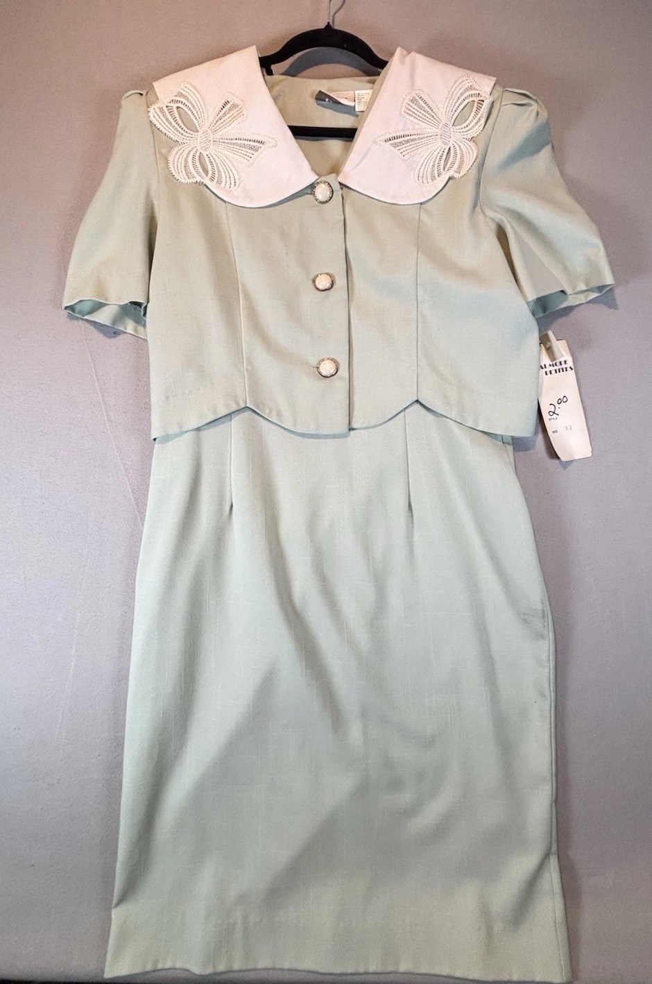 Halmode Petites Dress Sz 12 Green Button Prairie Collar Embroidered Bows Vintage