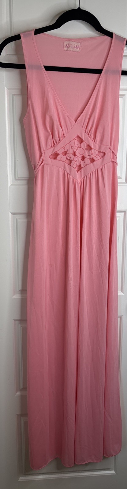 Vintage Avian Nylon Maxi Nightgown, Embroidered Cut Out, Pink, V Neck, Size S