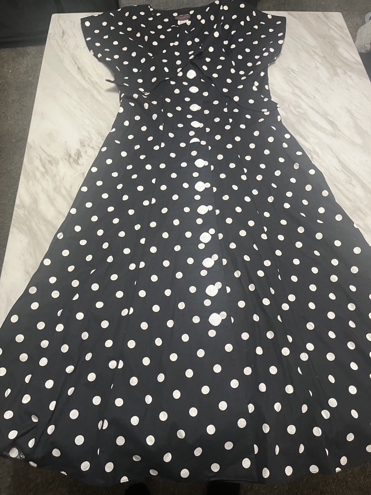 Tina Barrie Long Dress sz 12 Polka Dot Black White Button Front Cotton Vintage