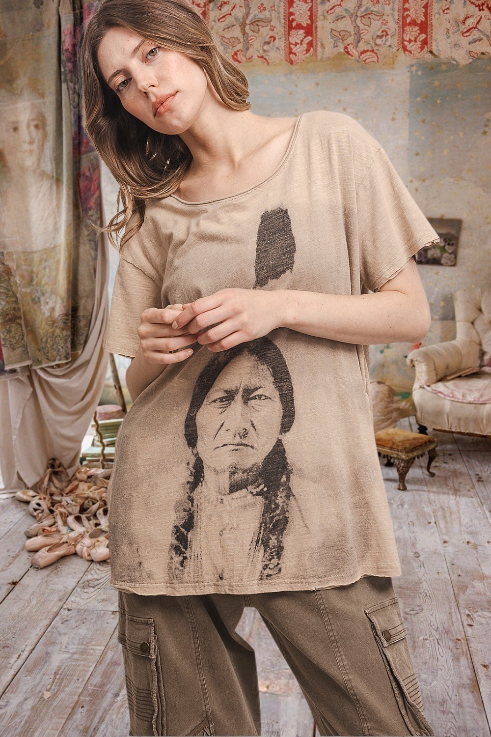 Magnolia Style Light Beige Vintage Distressed hippie boho Tunic shirt top S