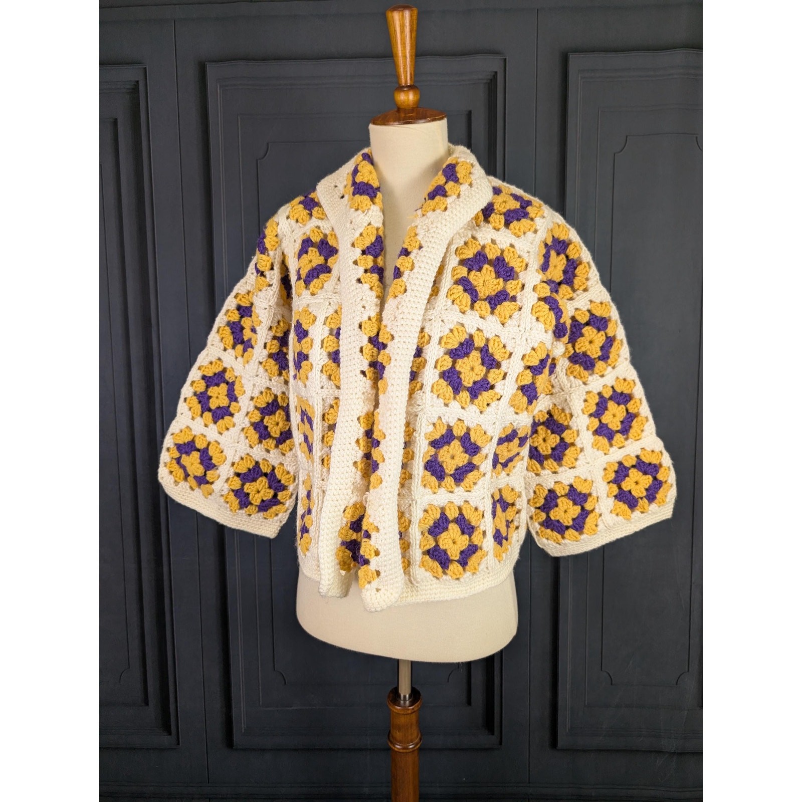 Vintage Acrylic Granny Square Crochet Cardigan Yellow Purple Sweater Coat S M