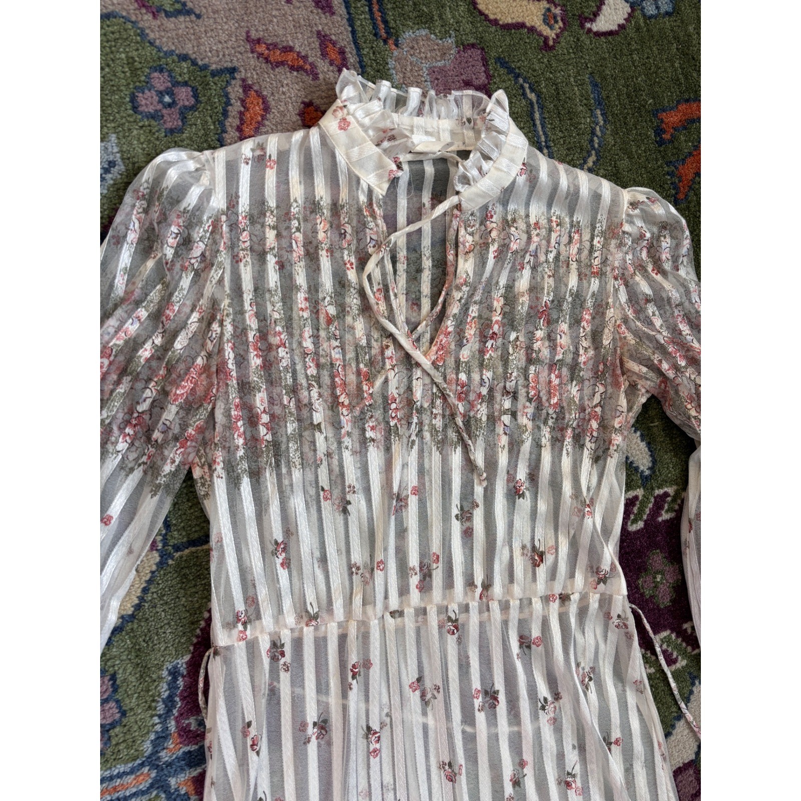 Vintage 70s Sheer Prairie Midi Dress Floral Stripe Ruffle Neck White Pink Green