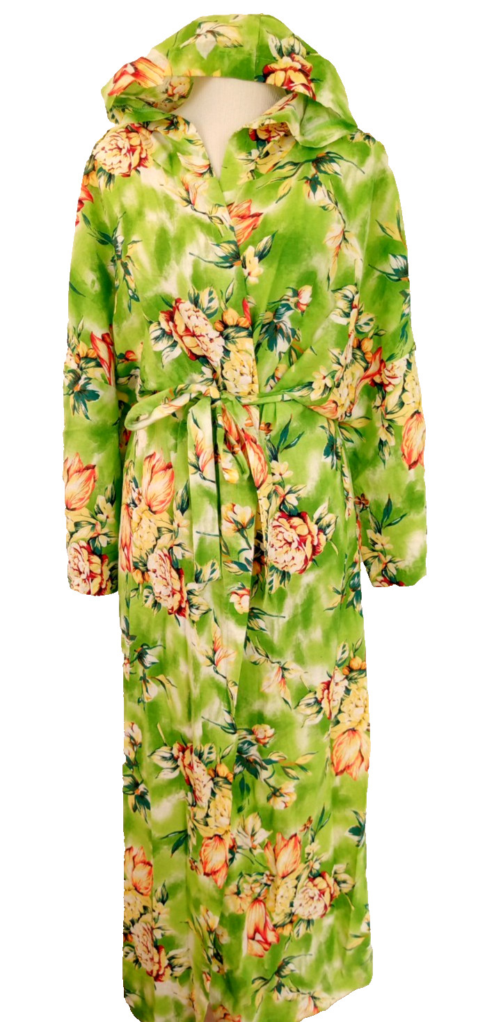 VTG Green Floral Hawaiian Bath Robe w/ Hood LARGE Cotton Barkcloth Tropical USA