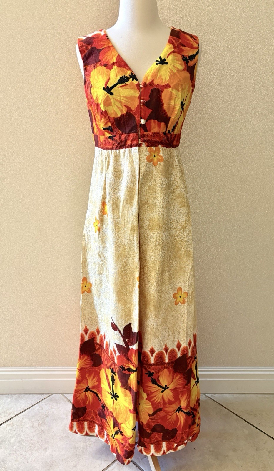 Vintage 60s Hawaiian Orange Floral Barkcloth Tiki Maxi Dress Island Casual Sz 12