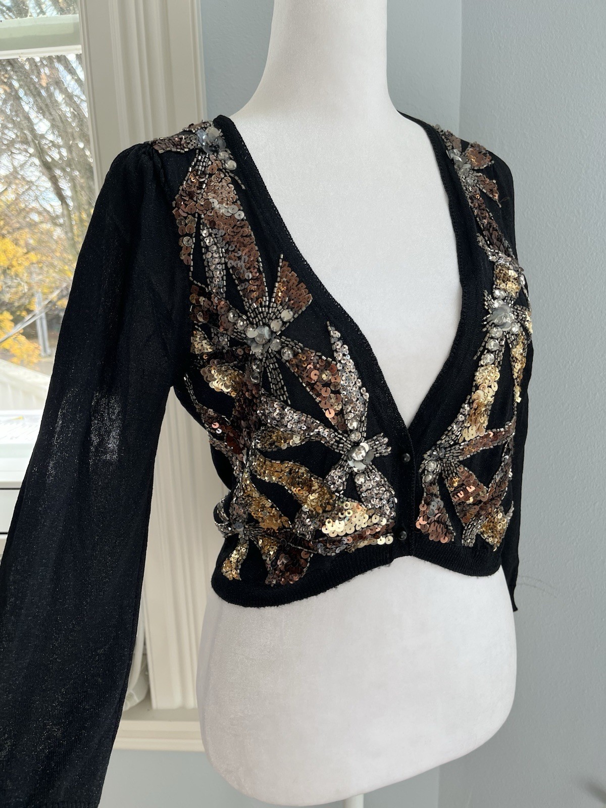 Sequin Beaded Sheer Black Gold Cardigan Sweater Pin-up Evening 80’s XS S Cropped
