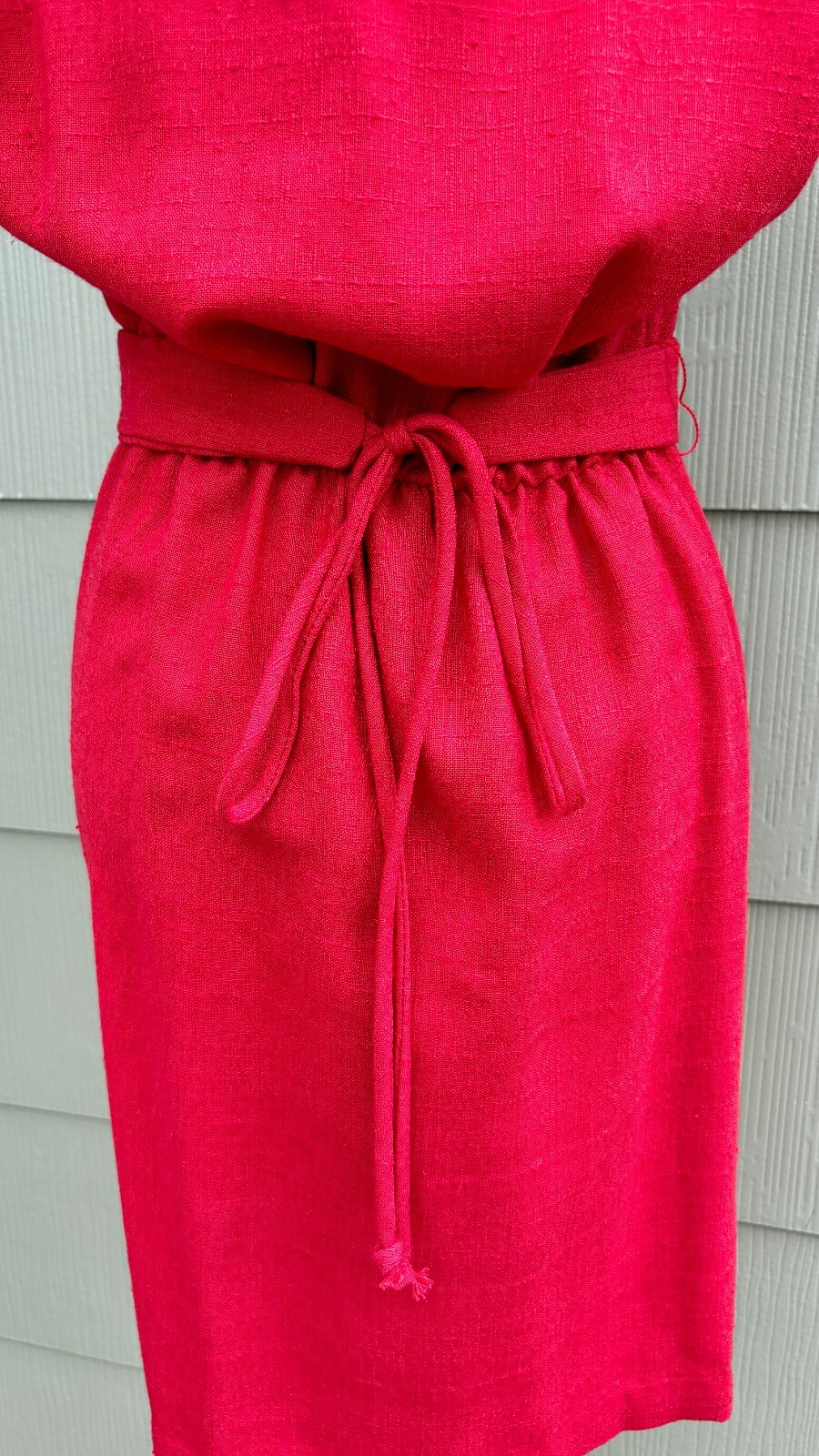 vtg LISA PETITES 70s Disco Casual Red Woven Knit Linen Belted Wrap A-Line Dress