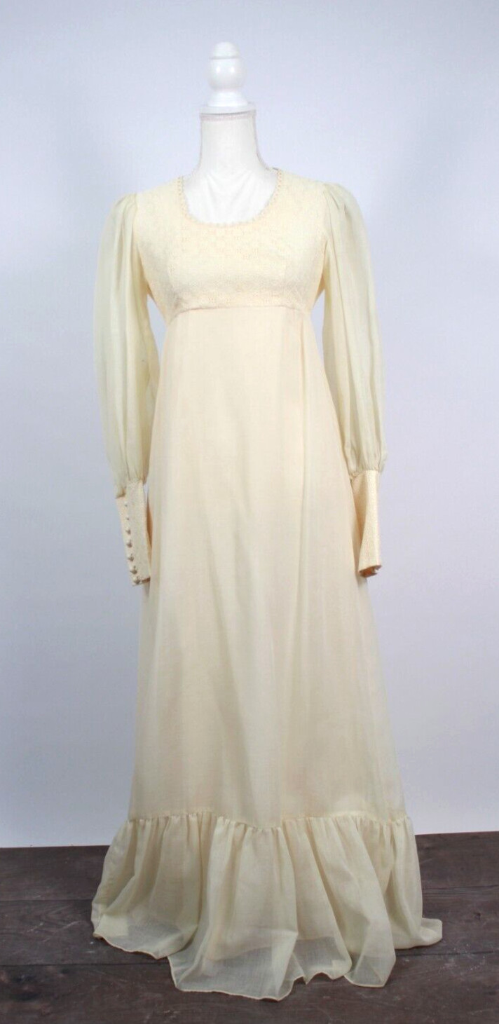 Vtg Women’s 70s Cream Prairie Maxi Dress 1970s Long Gown Sz XS/S Candi Jones