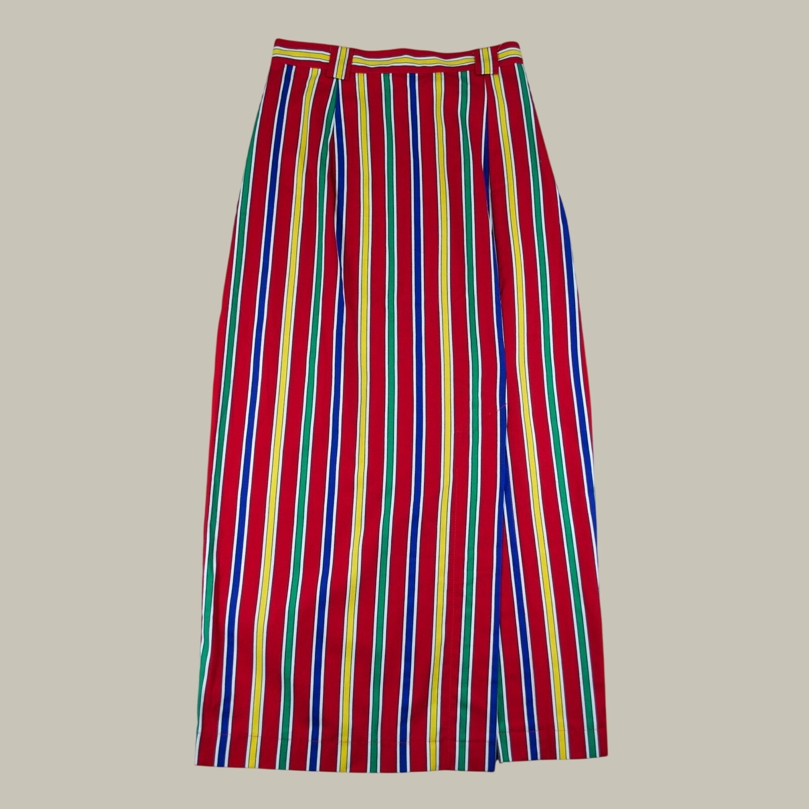 Vtg On The Verge Striped Maxi Skirt 4 Red Blue Green High Waist Wrap Split USA