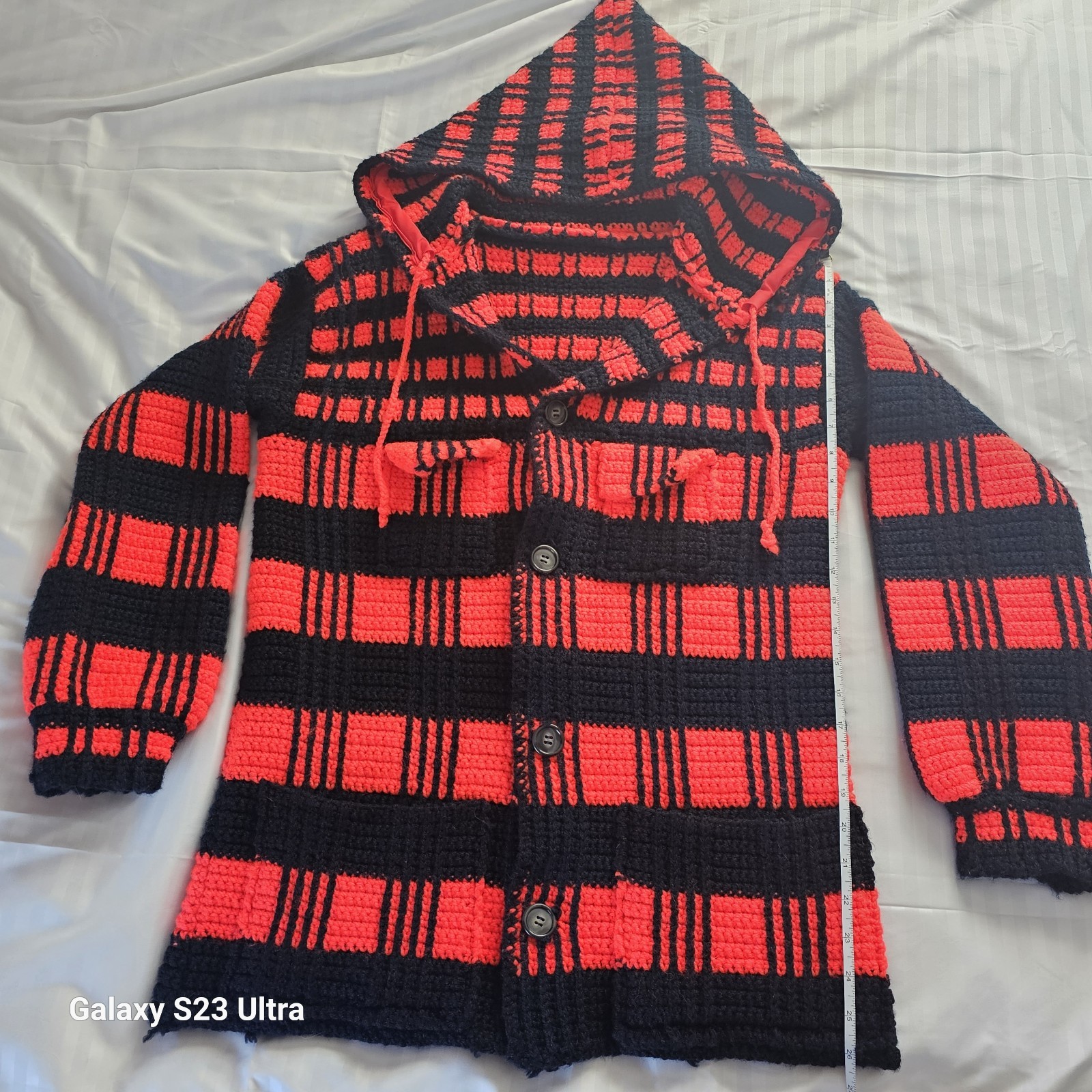 VTG 70s CROTCHET Black and Red HEAVY Jacket Coat w HOOD BUTTONS POCKETS Handmade