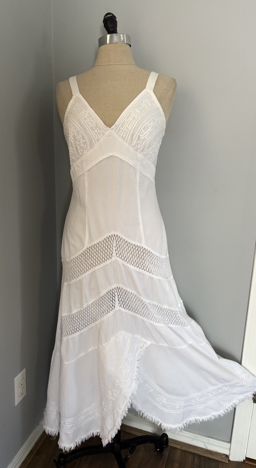 Vintage 80s Rustic Wht Cotton Gauze Maxi Dress Peru Mesh Netting Embroidery Boho