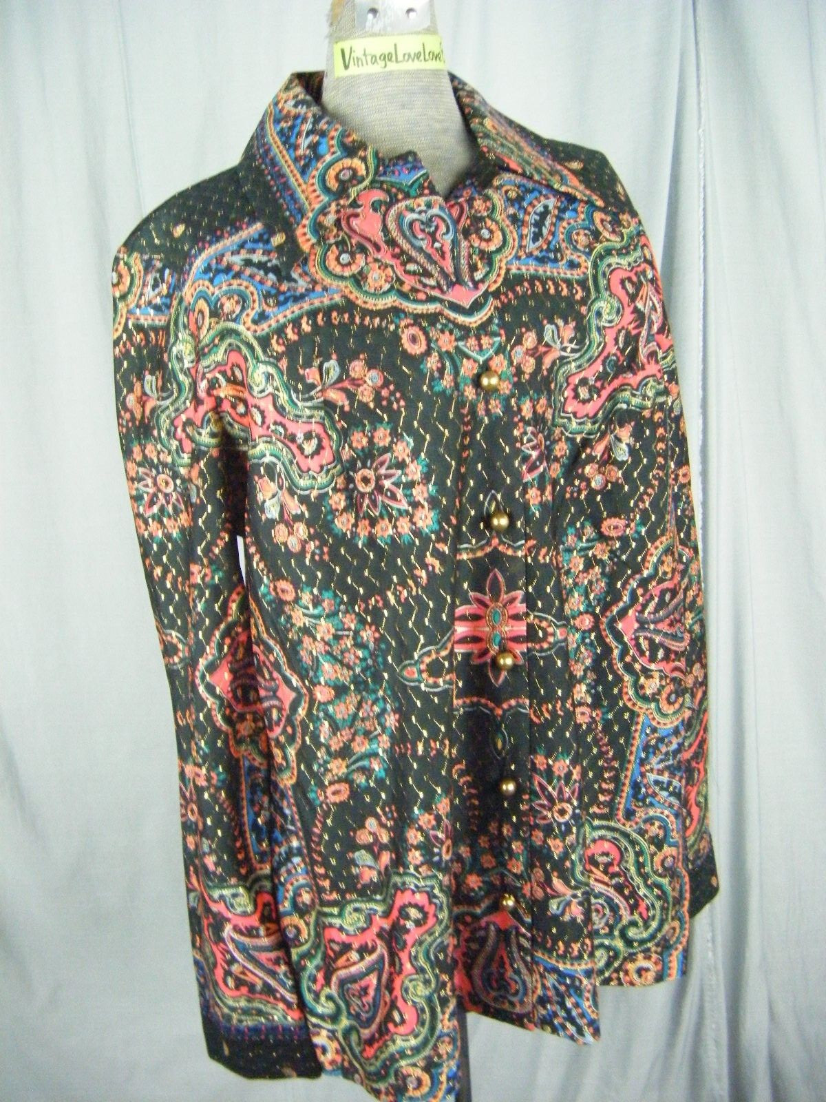 Vintage 60-70s Black Golden Stitches Mod Printed Nylon Knit Blouse-Bust 46/L