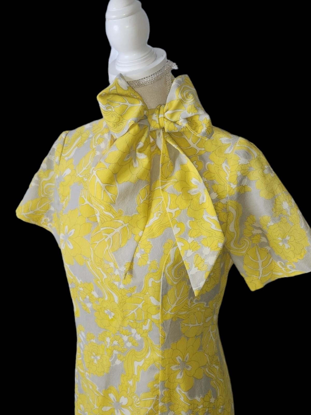 Vintage 60s Bright Yellow Print Mod Dress Scarf Toni Todd Not Sized NEEDS REPAIR