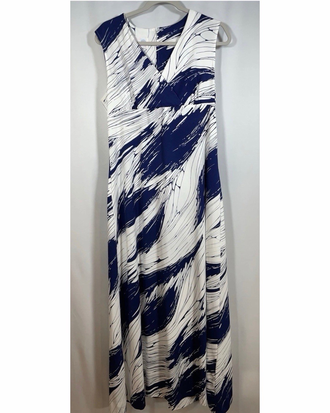Vtg 70s Maxi Beach Vacation Dress Slvls Vneck Abstract Print Navy White Sz L