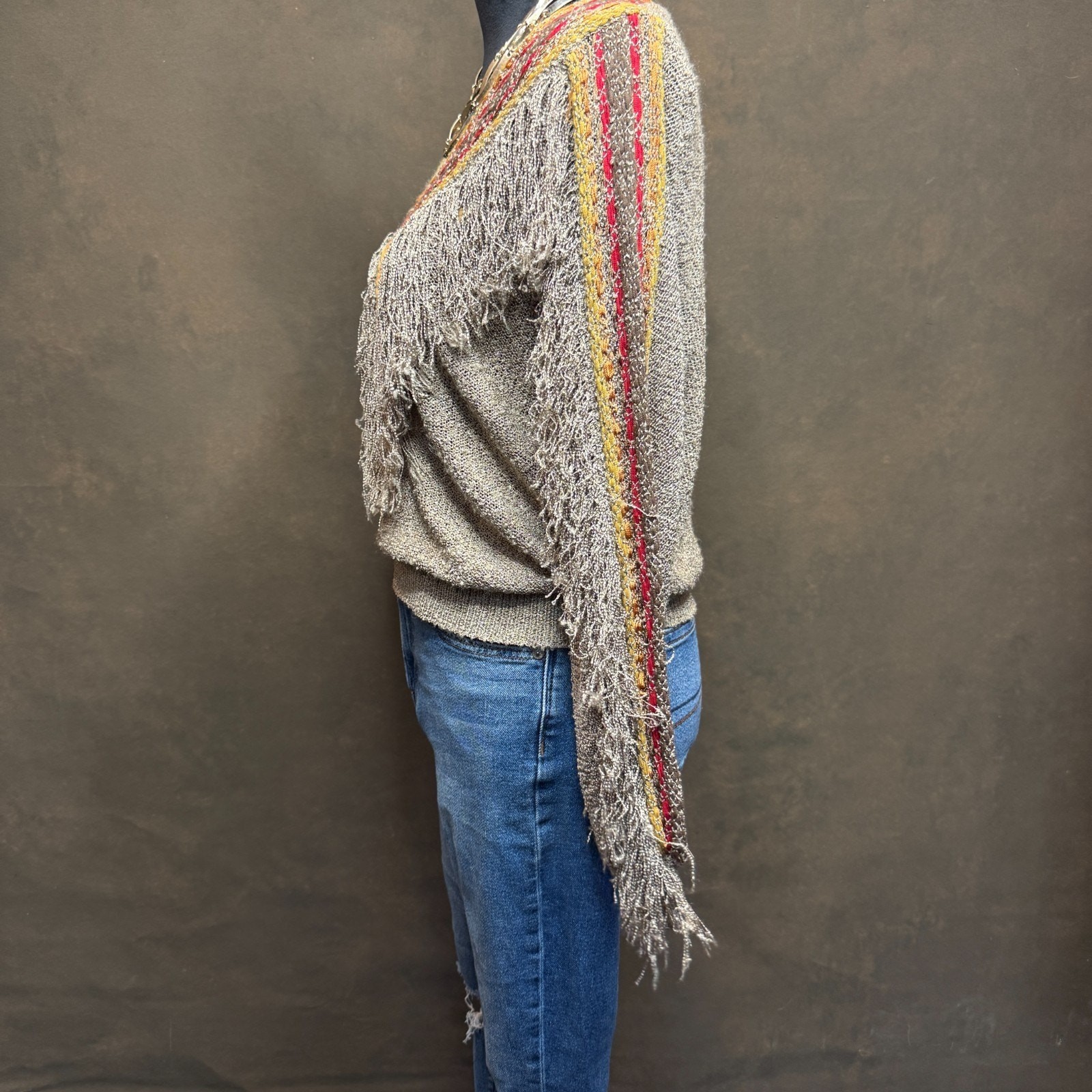 Vintage French Rags Hand Loomed Sweater Fringe Boho Western Style Rayon Size 2