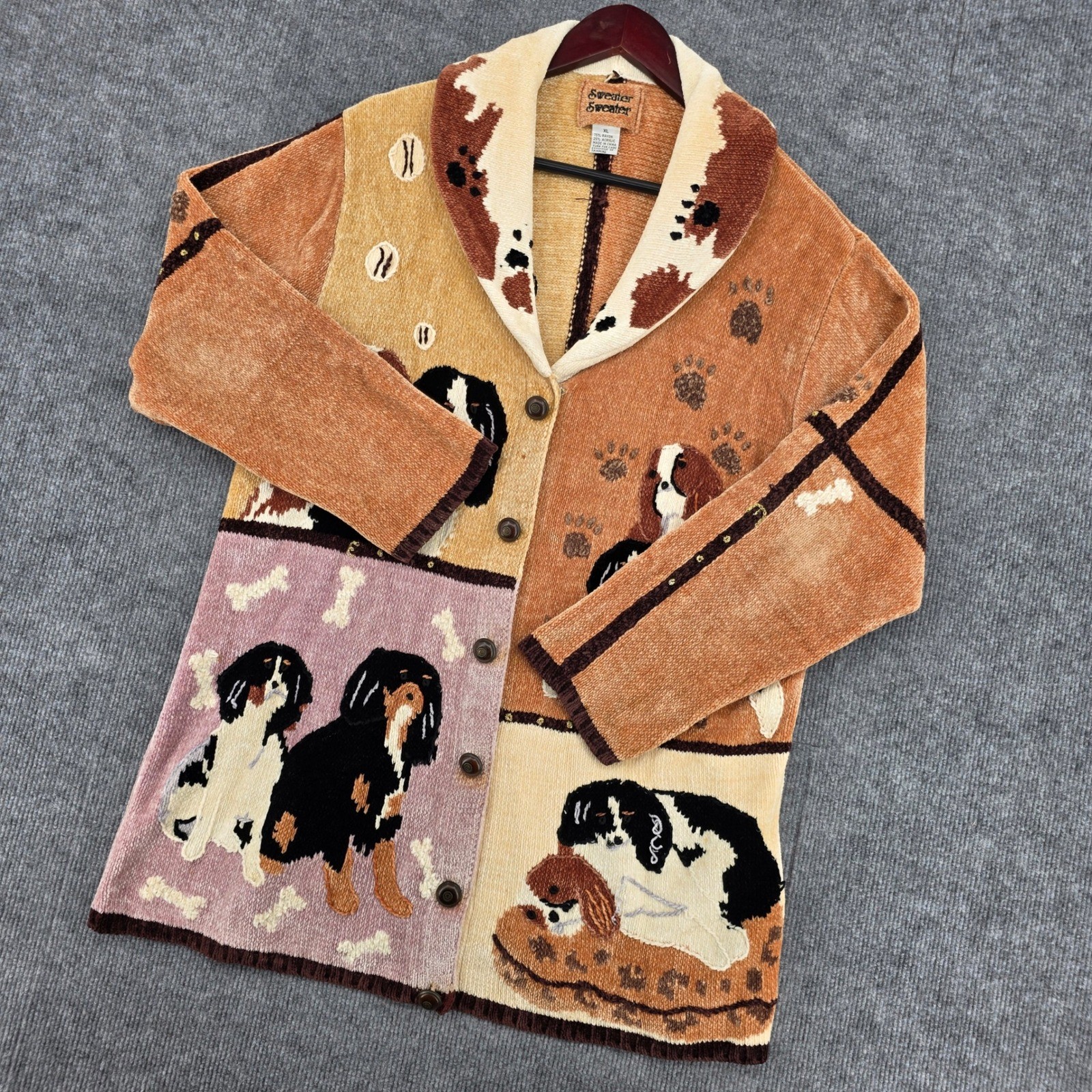 Sweater Sweater Vintage Dog Patchwork Chenille Cardigan XL Shawl Collar 90s