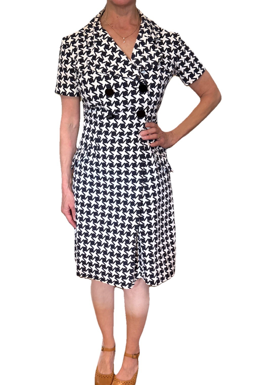 Mod Vintage 60s David Crystal Coat Dress Black White Geometric MCM Mad Men