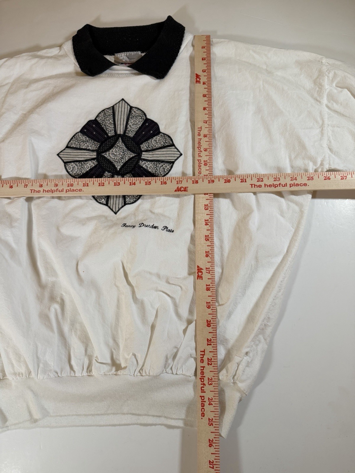 Vintage 80s Stitches white Dresden plate patchwork embroidered XL shirt cottage