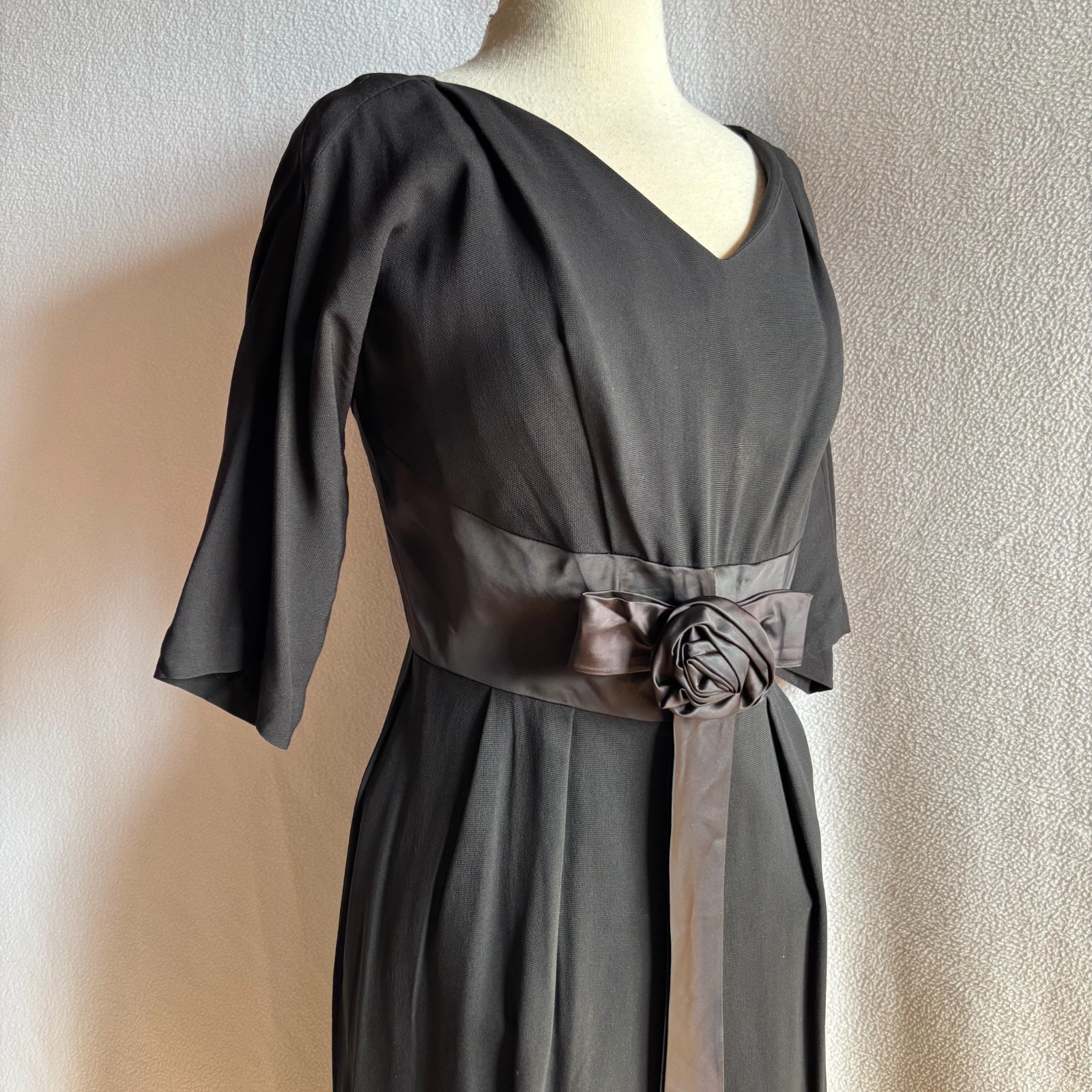 Vintage 1950s Lora Lenox Little Black Sheath Dress LBD with Satin Flower