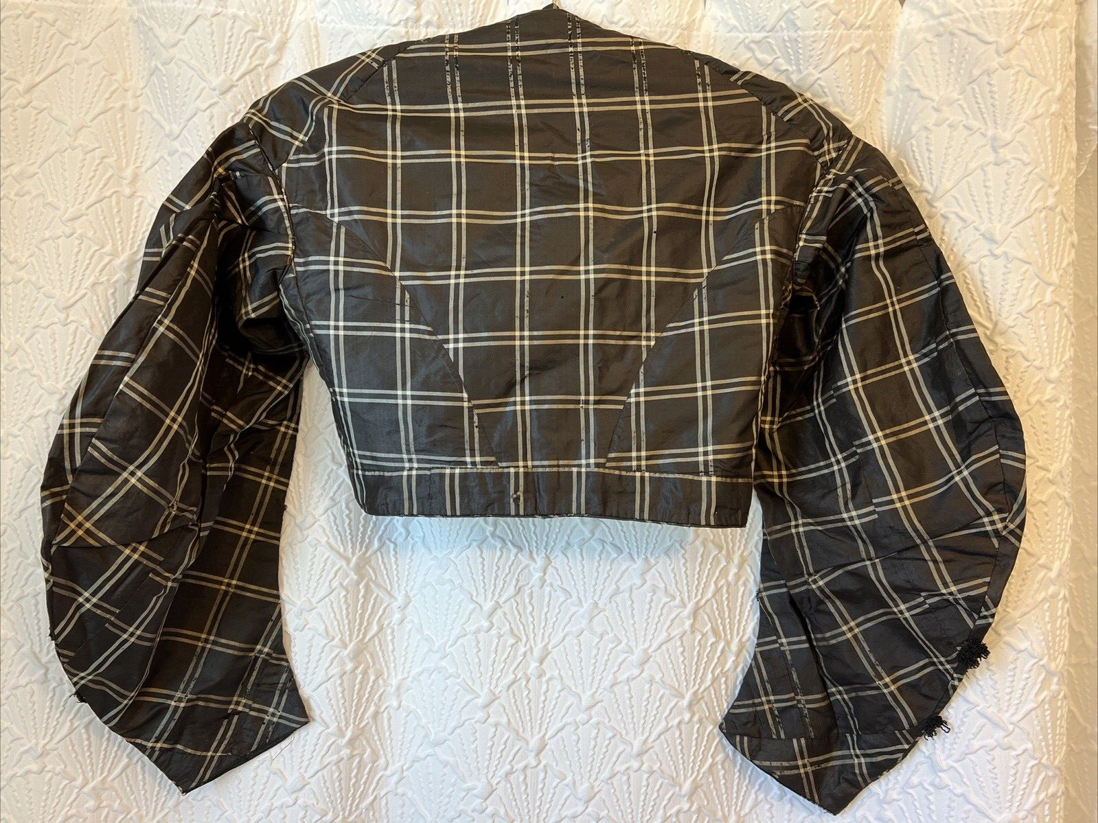 Antique 19thC Victorian Black Plaid Silk Ladies Bodice Jacket