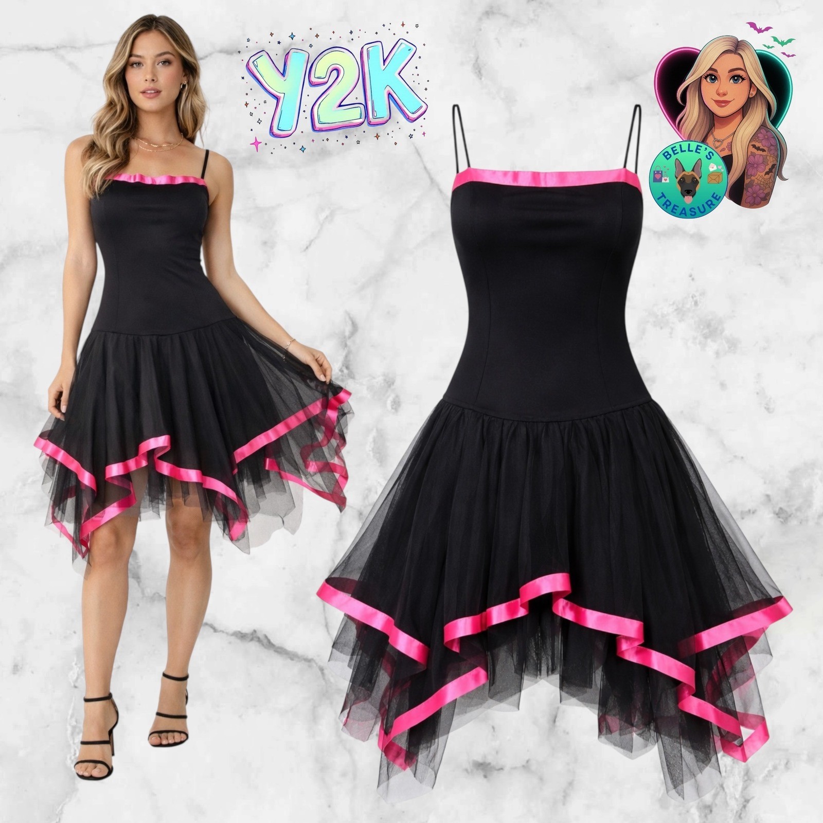 Kiki USA Womens XL Vintage Y2K Black Pink Tulle Drop Waist Handkerchief Dress