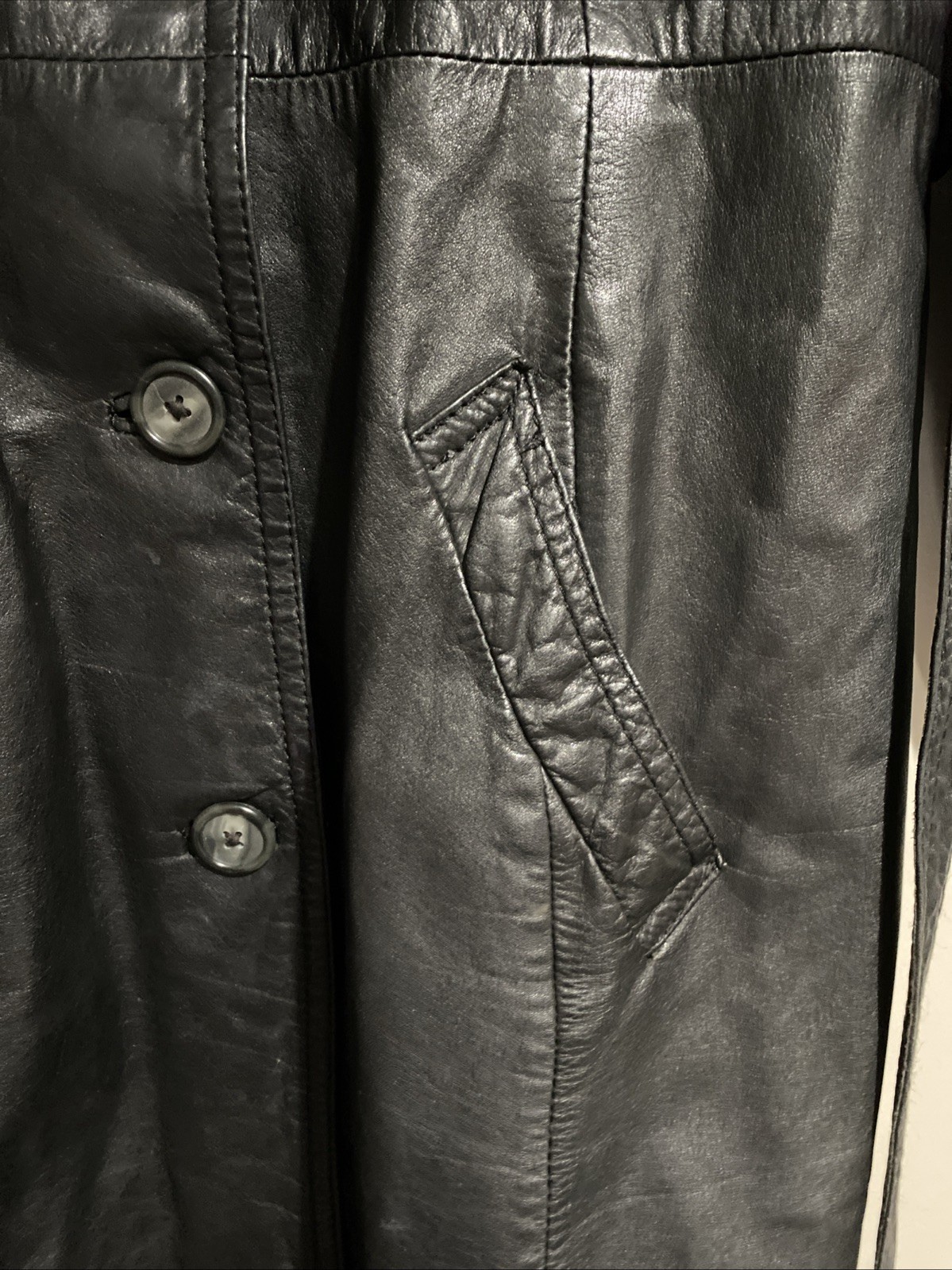 Vtg The Tannery Montgomery Ward Leather Trench Overcoat Black Midi Belted Sz Med