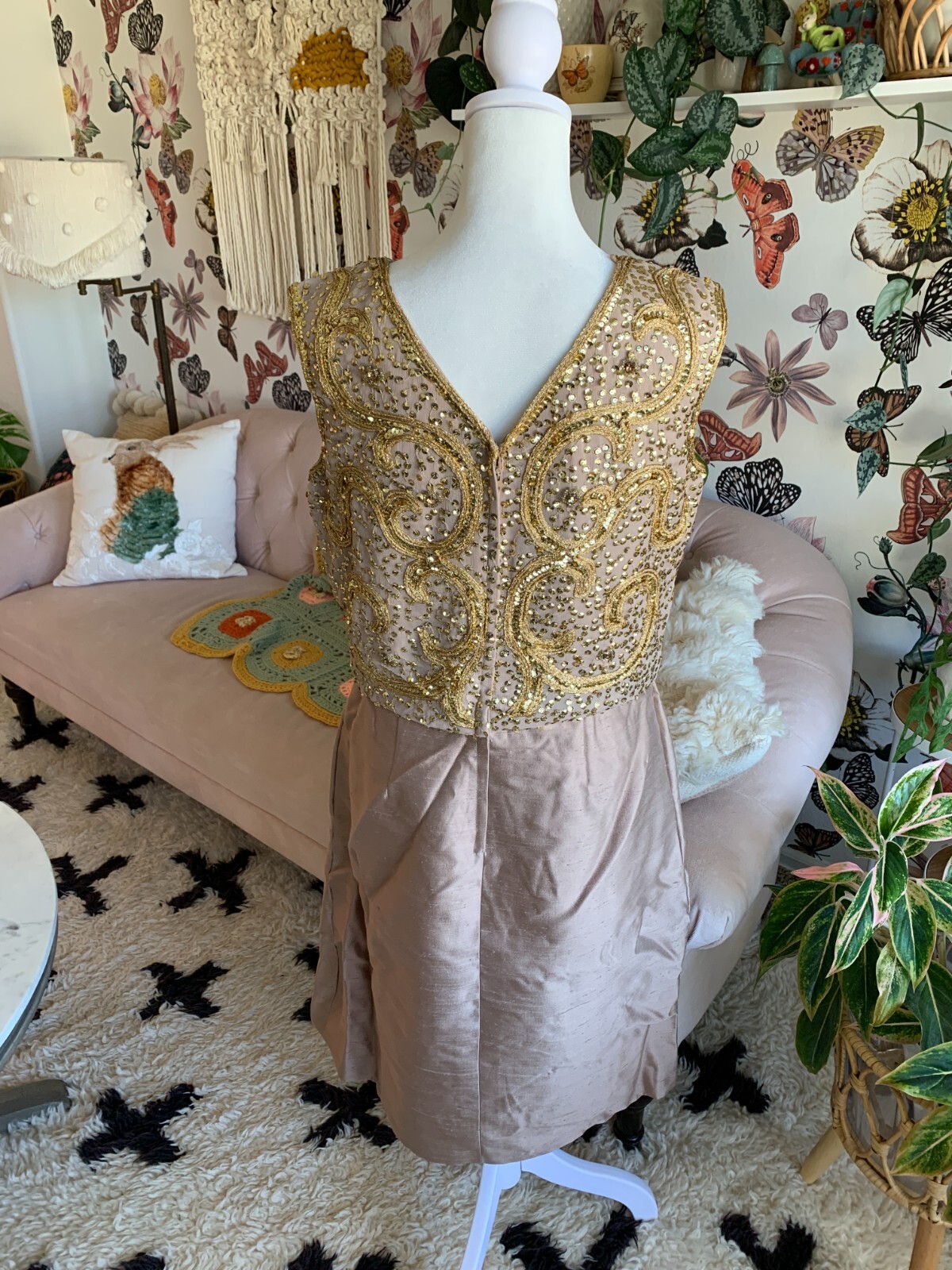 Vintage PARUES FEINSTEIN Sequins DRESS Silk Late 50s Early 60s Medium M 8
