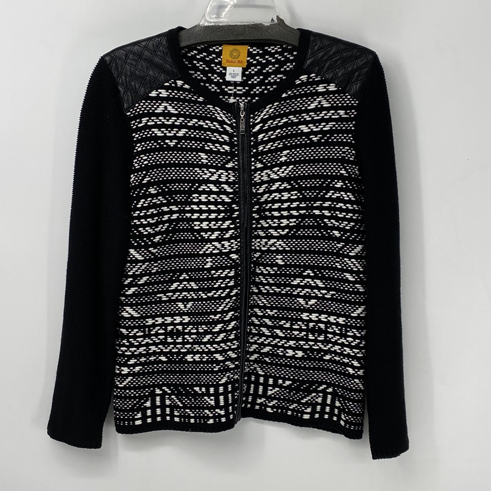 Ruby Rd. Preowned Womens Zip Up Sweater Black Faux Leather Shoulders Large