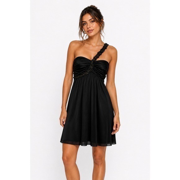 VTG Y2K B. Smart One Shoulder Babydoll Mini Dress 7/8 Black Sequins Strap Party