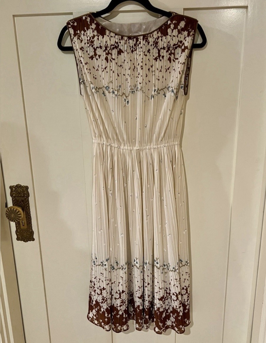 Vintage Hal Ferman Elegant Cream Brown Floral Dress Union Made SZ 8 Fits a Small
