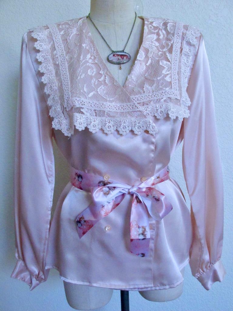 Vintage San Andre Silky Blouse 10 Pink Lace Victorian Collar Slick Shiny Satin