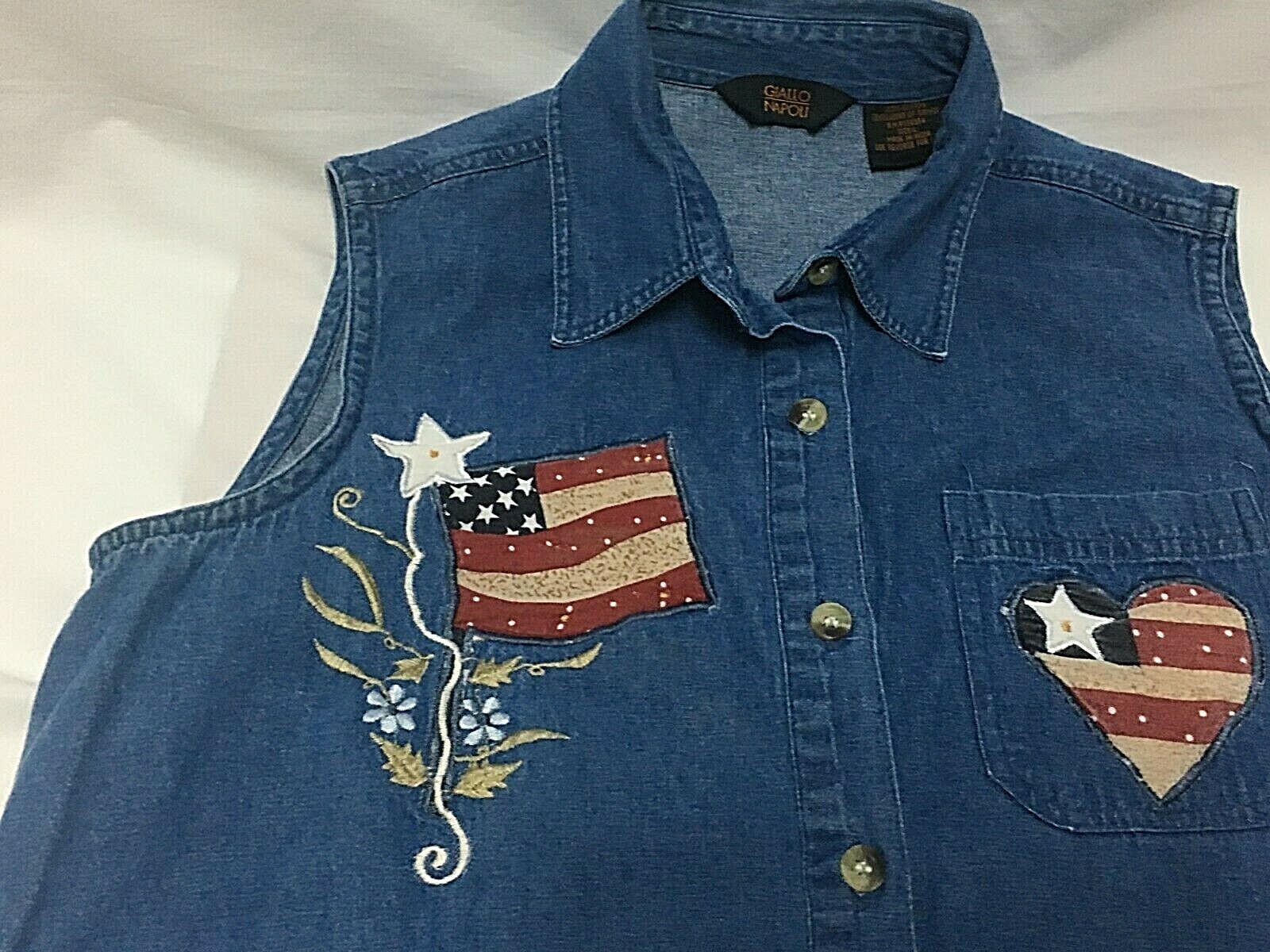 WOMEN’S DENIM PATRIOTIC BLOUSE SLEEVELESS FOLK USA FLAG 90S GIALLO NAPOLI SZ L