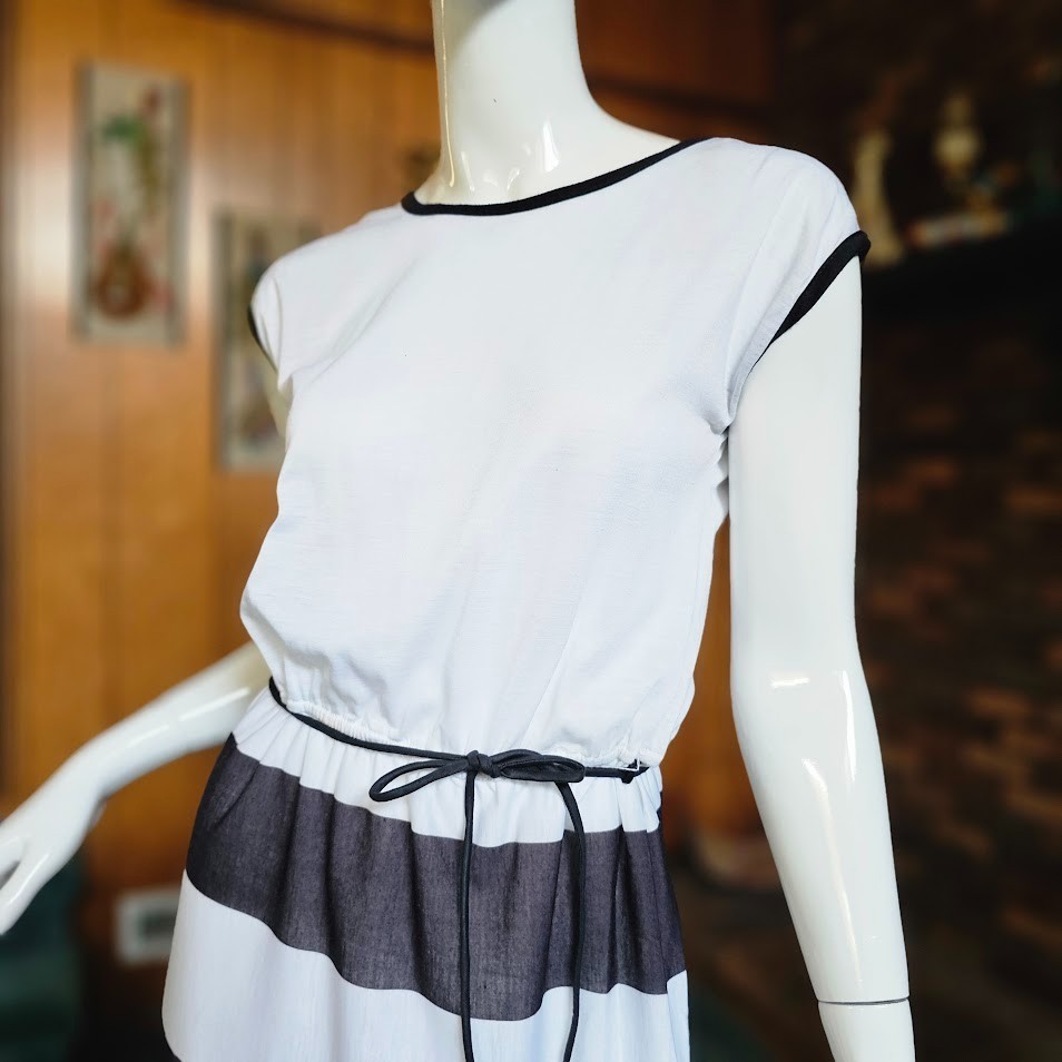 Vtg 70s 80s Chic Disco Striped Ringer Sheer Shirtwaist Casual T-Shirt Dress XS/S