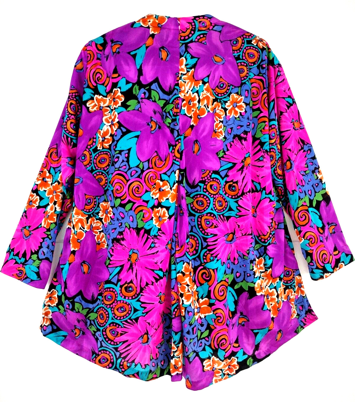 Vtg 80’s Psychedelic Floral A-line Top Sz S by De Weese Long S Cover-up Pockets