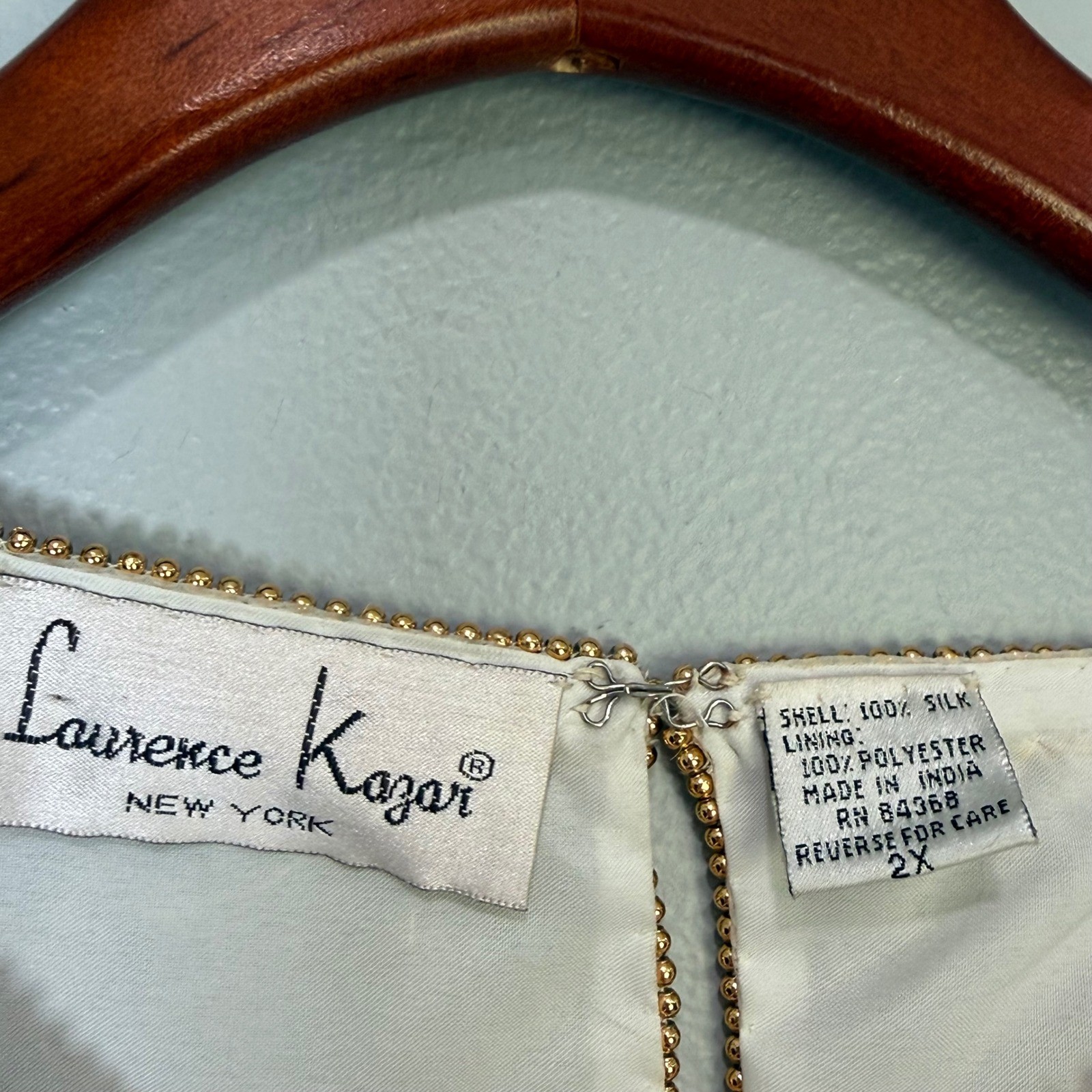 Laurence Kazar VTG Silk Beaded Sequin Blouse White Gold Silver 2X Evening Top