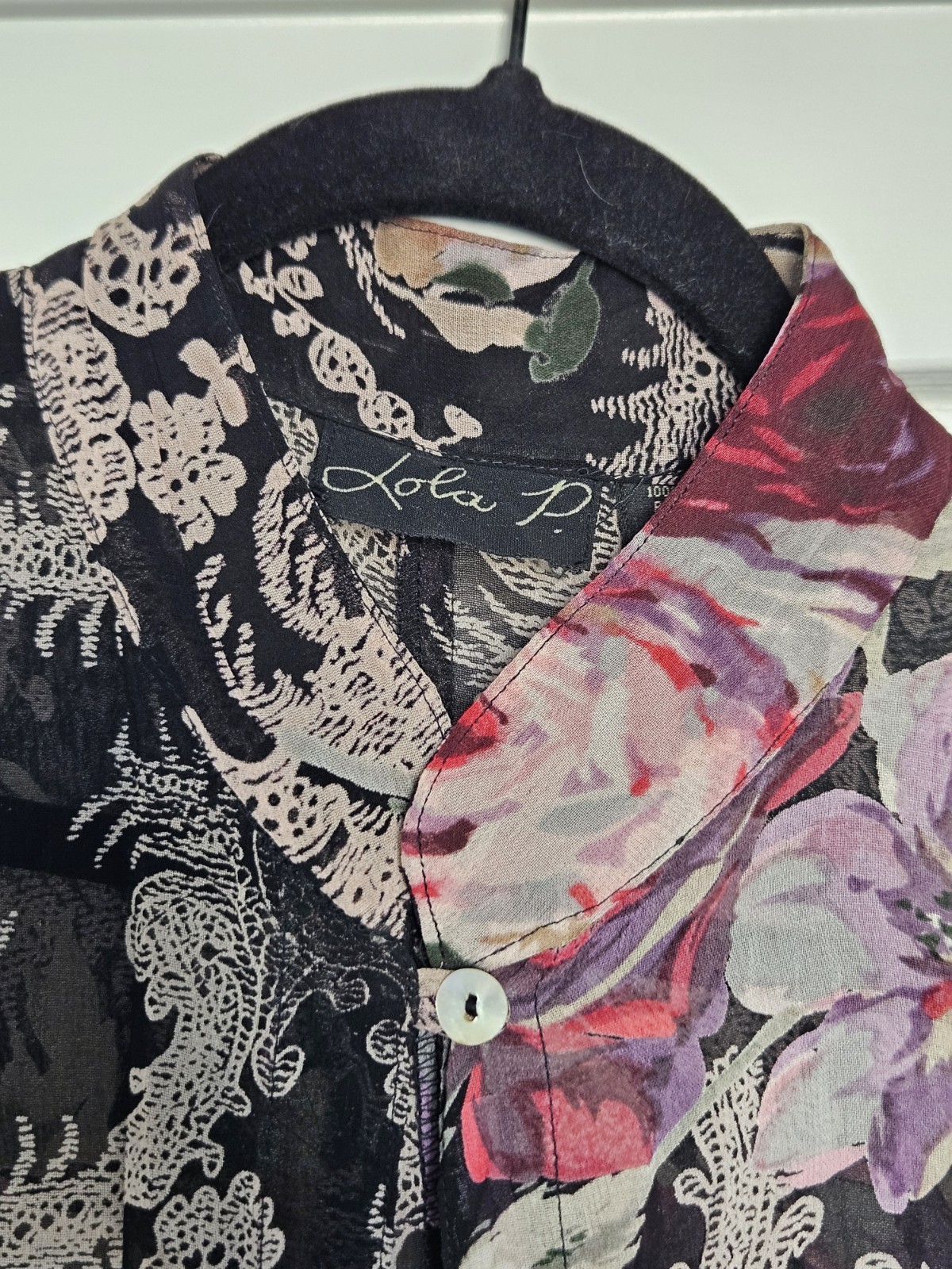 Vtg Lola P. Sheer Asian Ethnic Panel Floral Paisley Cheongsam Qipao Gown Top M
