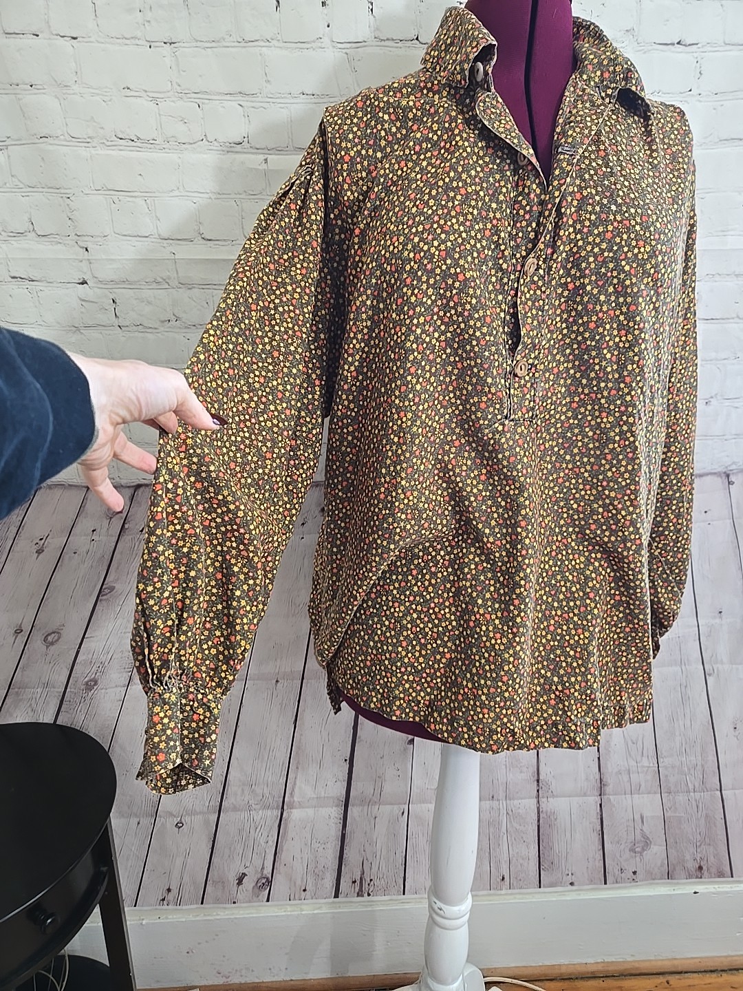 Vtg 70s Handmade poet blouse Bishop Sleeve Hippie Folk Art Floral Unisex OneSize