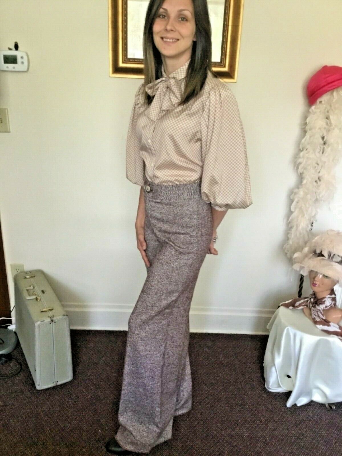 70’s Vintage Brown White Tweed Hi Waisted Ultra Bell Bottom Pants