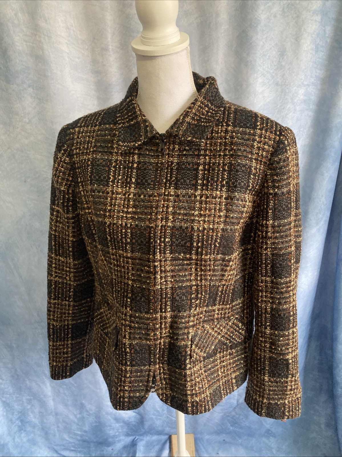 VTG Sag Harbor Women’s 14 Petite Brown Plaid 90s Career Blazer Jacket F12072 14P