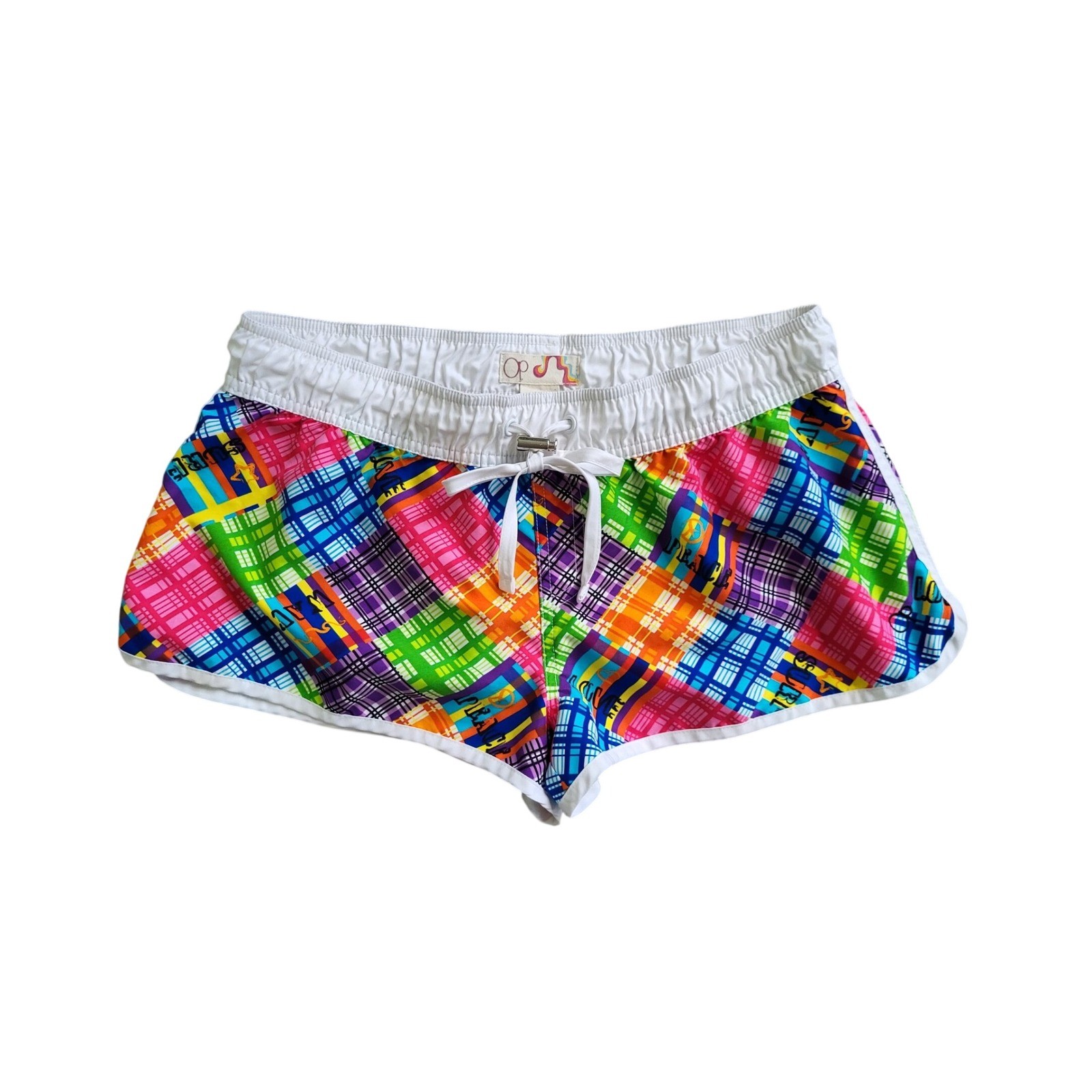 Vintage Y2K OP Ocean Pacific Surf Shorts M Neon Plaid Surf Skater Dolphin Cheeky